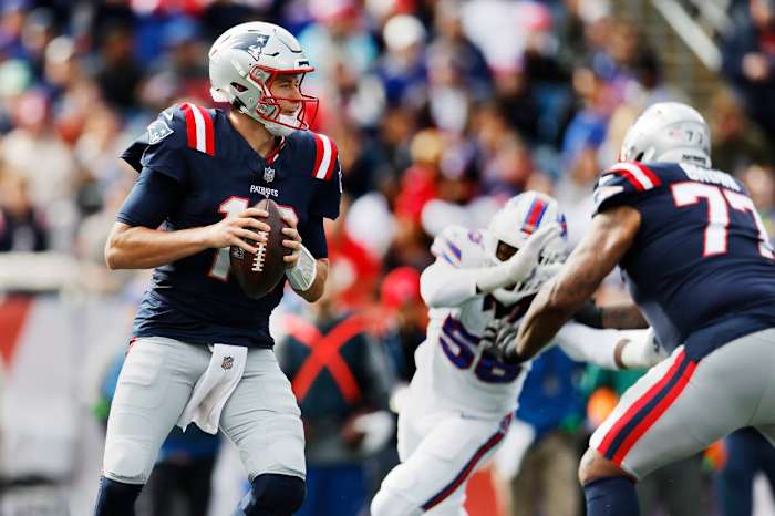 New England Patriots QB Mac Jones drops back to pass against the Buffalo Bills, 22 Oct 2023